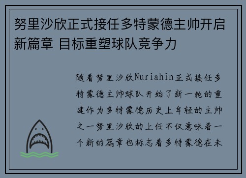 努里沙欣正式接任多特蒙德主帅开启新篇章 目标重塑球队竞争力